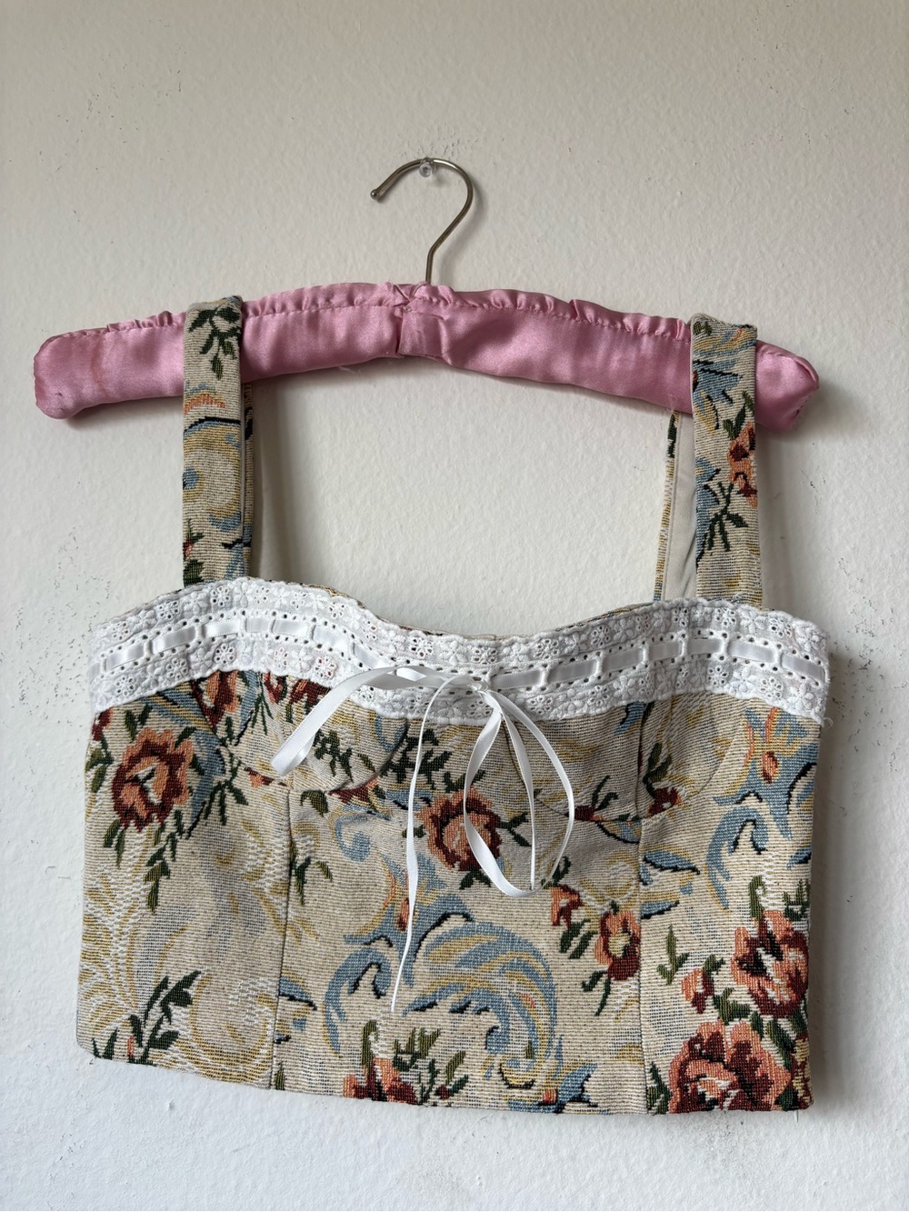 Princess Polly floral tapestry crop top with lace trim and ribbon detail